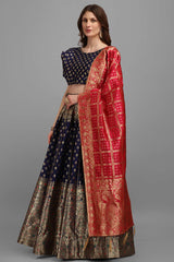 Navy Blue Jacquard Woven Lehenga Choli