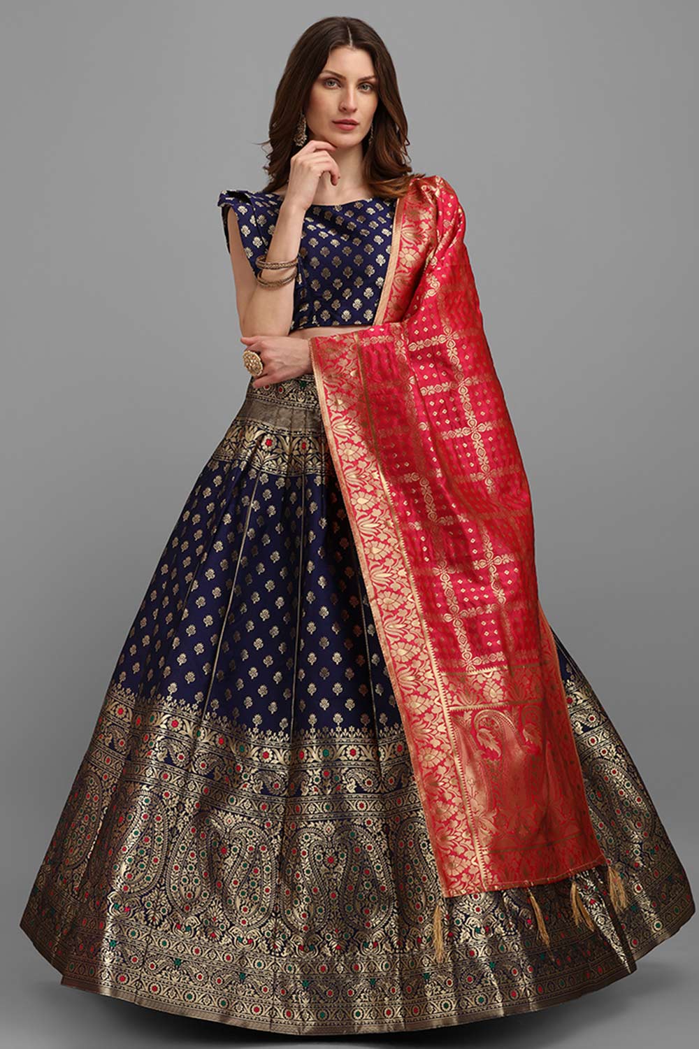 Navy Blue Jacquard Woven Lehenga Choli