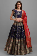 Navy Blue Jacquard Woven Lehenga Choli