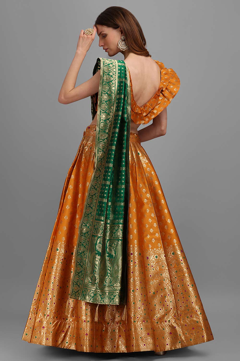 Orange Jacquard Woven Lehenga Choli