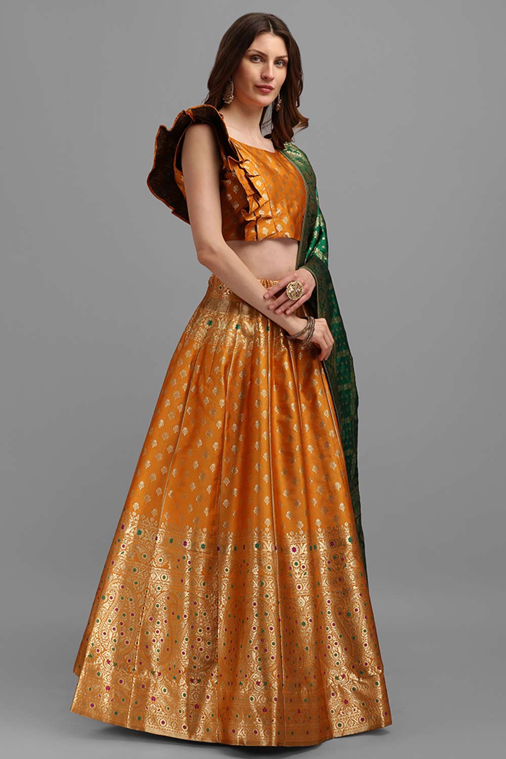 Orange Jacquard Woven Lehenga Choli