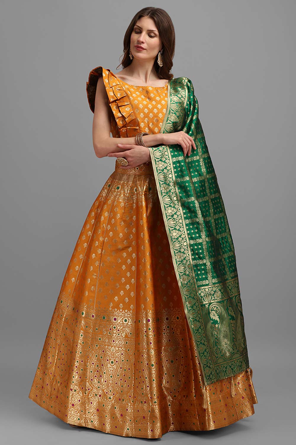 Orange Jacquard Woven Lehenga Choli