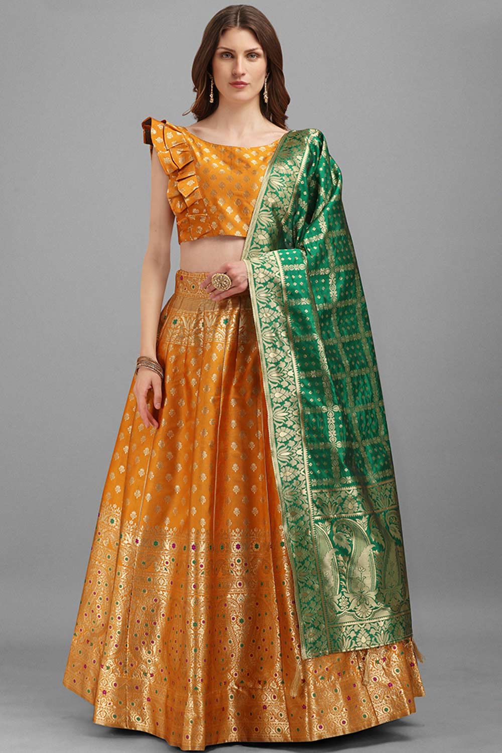 Orange Jacquard Woven Lehenga Choli