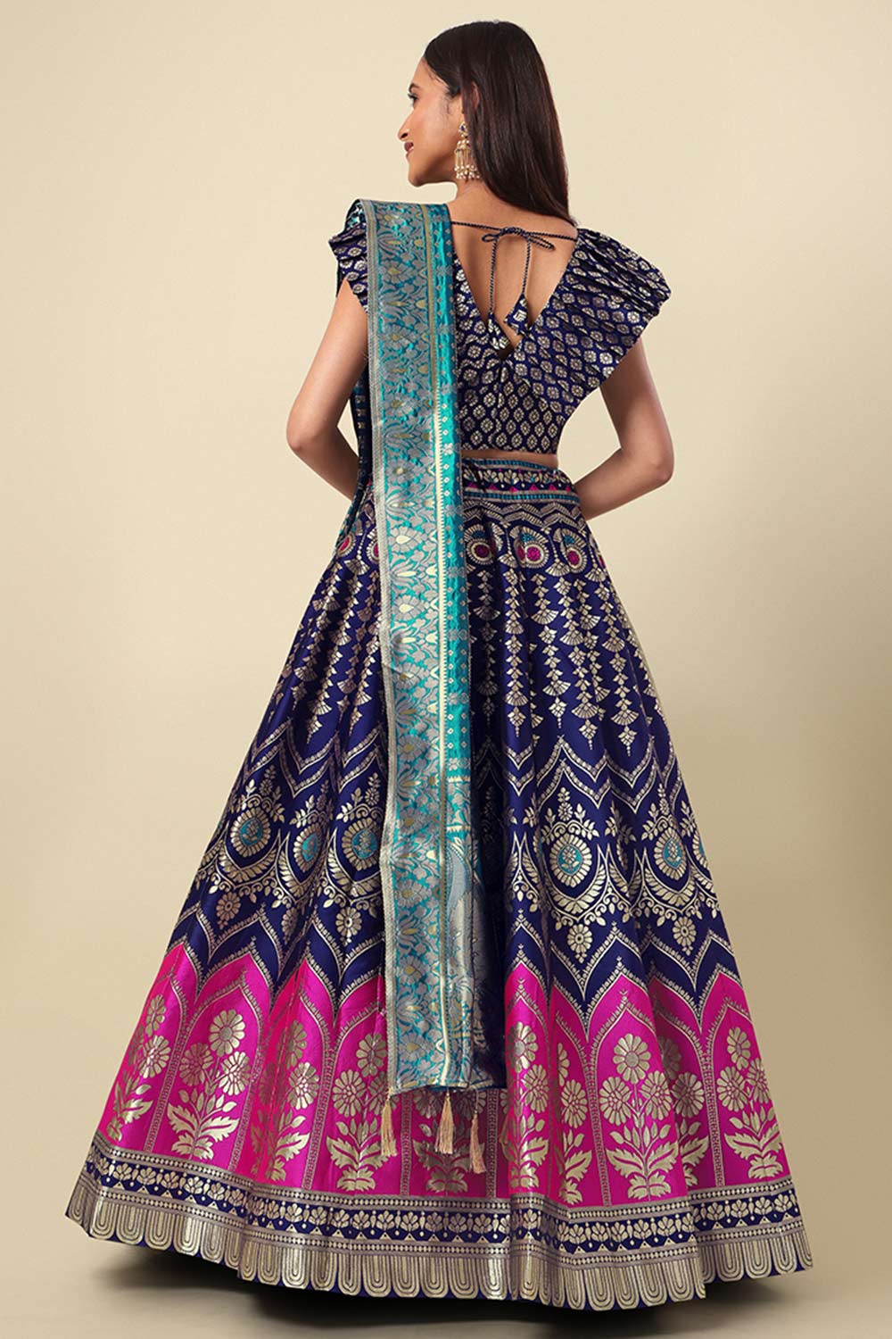 Navy Blue Jacquard Woven Lehenga Choli