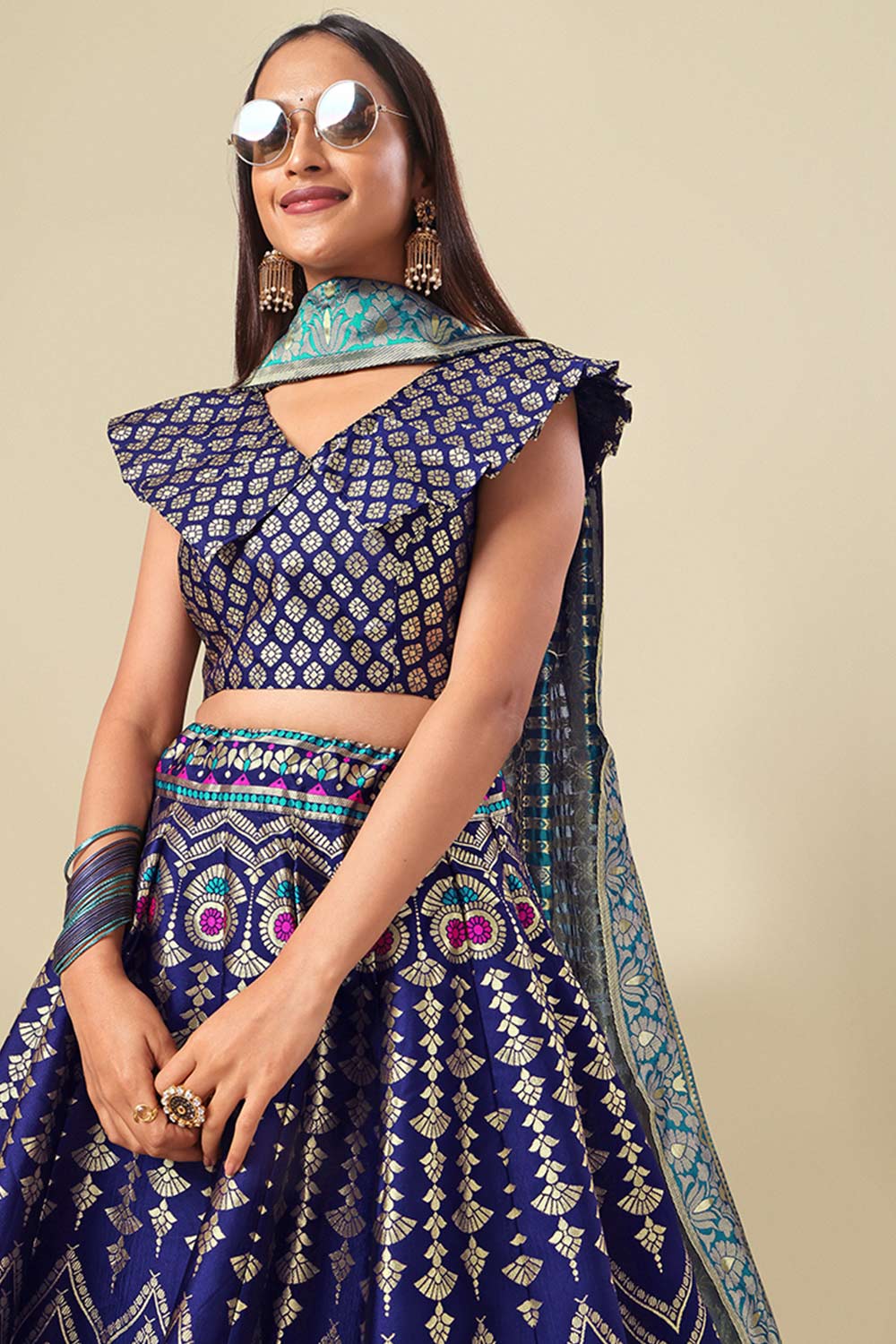 Navy Blue Jacquard Woven Lehenga Choli