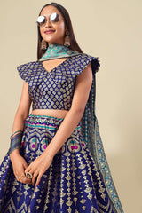 Navy Blue Jacquard Woven Lehenga Choli