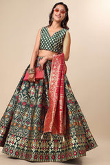 Dark Green Jacquard Woven Lehenga Choli