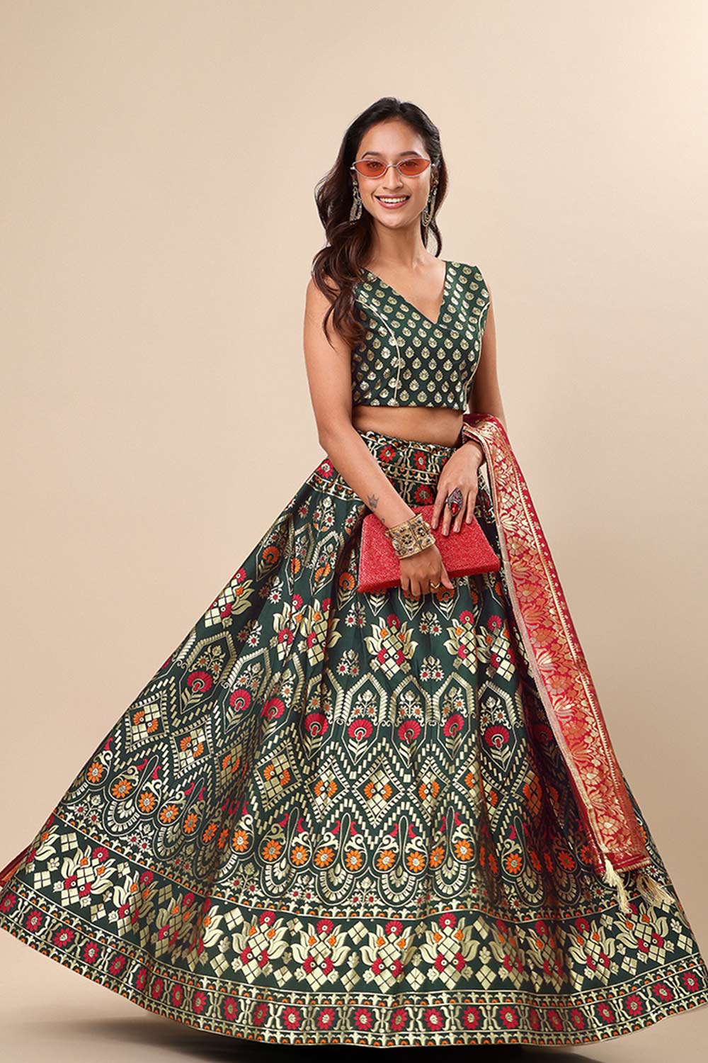 Dark Green Jacquard Woven Lehenga Choli