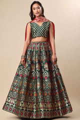 Dark Green Jacquard Woven Lehenga Choli