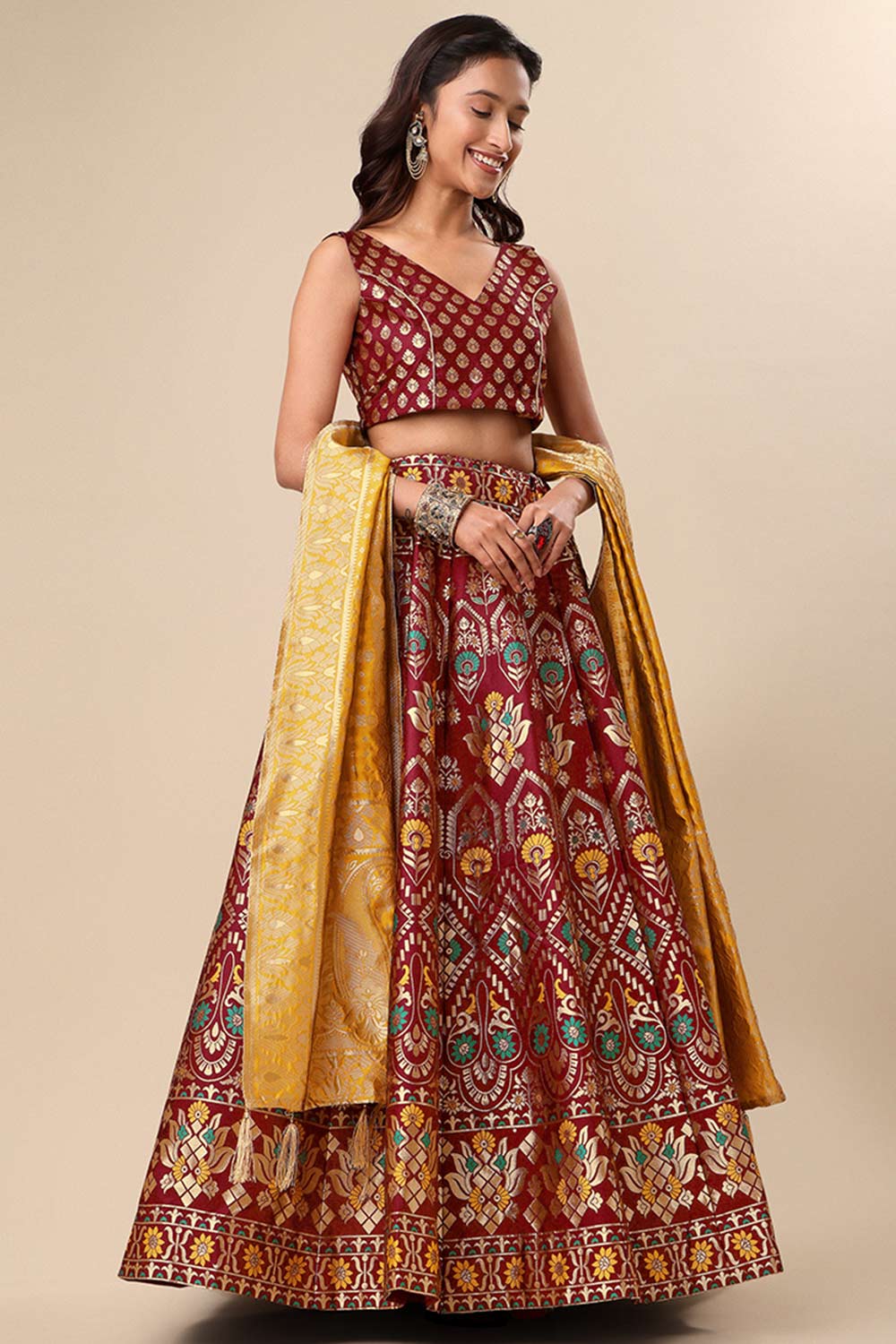 Maroon Jacquard Woven Lehenga Choli