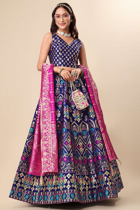 Navy Blue Jacquard Woven Lehenga Choli