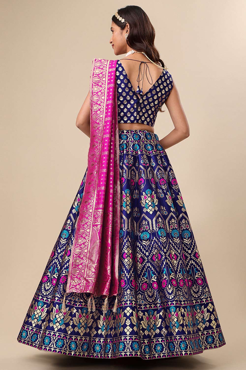 Navy Blue Jacquard Woven Lehenga Choli