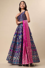 Navy Blue Jacquard Woven Lehenga Choli