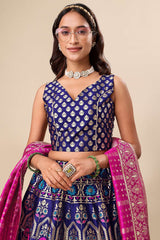 Navy Blue Jacquard Woven Lehenga Choli