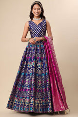 Navy Blue Jacquard Woven Lehenga Choli