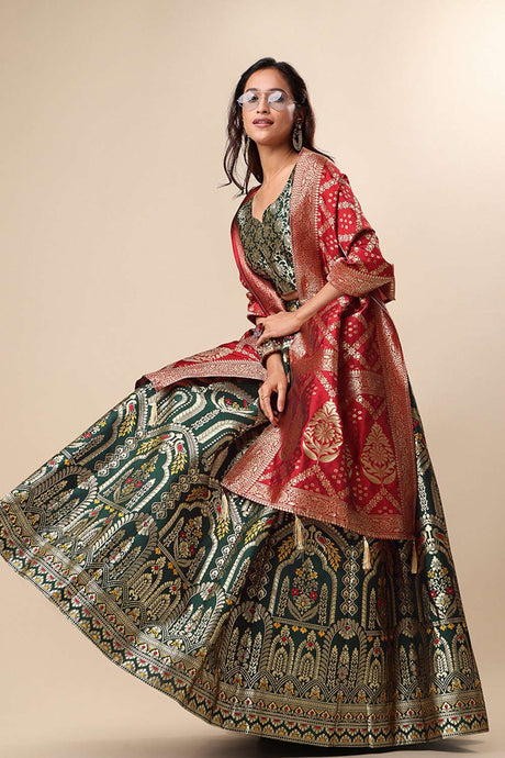 Dark Green Jacquard Woven Lehenga Choli