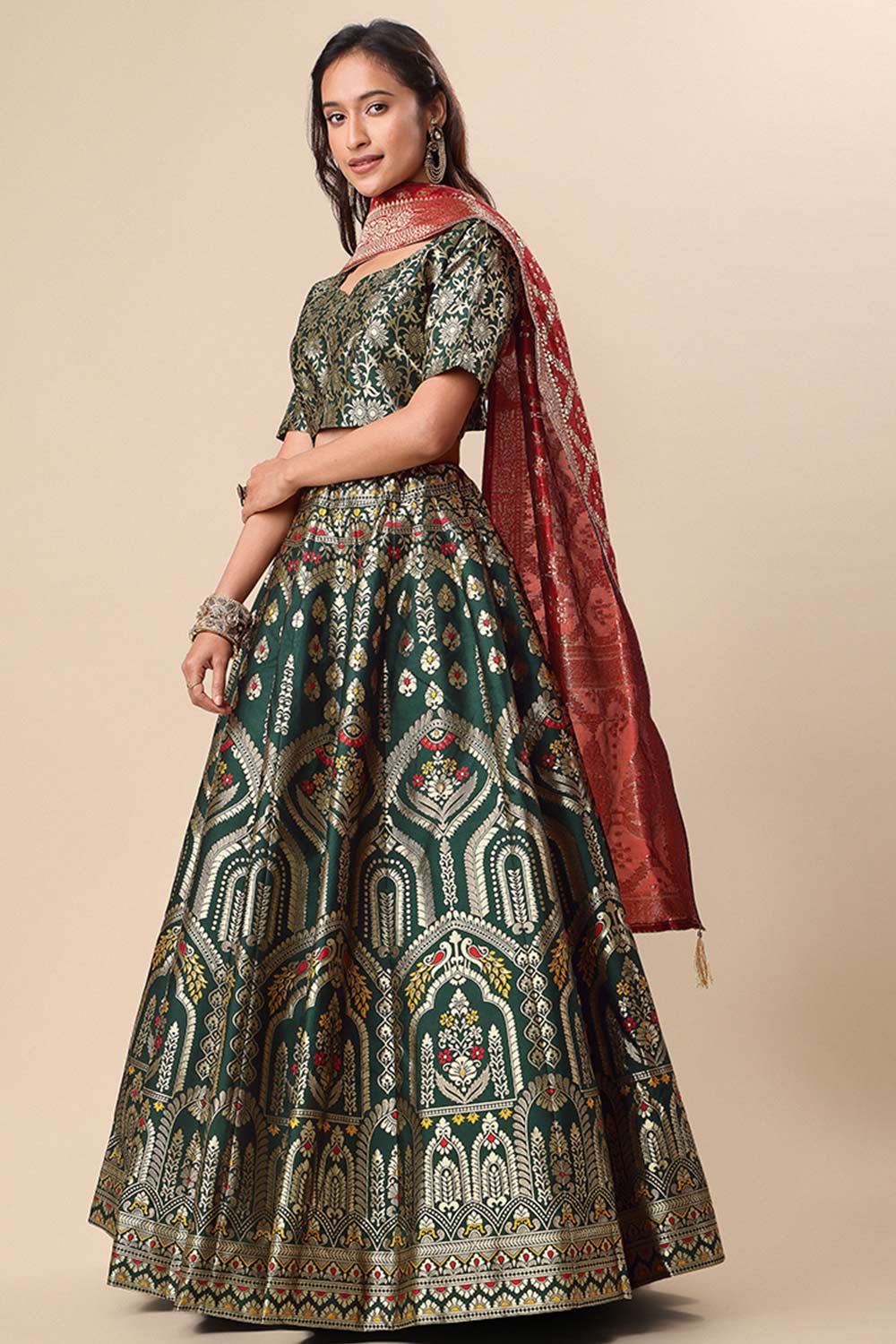 Dark Green Jacquard Woven Lehenga Choli