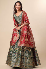 Dark Green Jacquard Woven Lehenga Choli