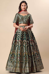 Dark Green Jacquard Woven Lehenga Choli