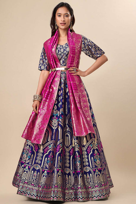 Navy Blue Jacquard Woven Lehenga Choli