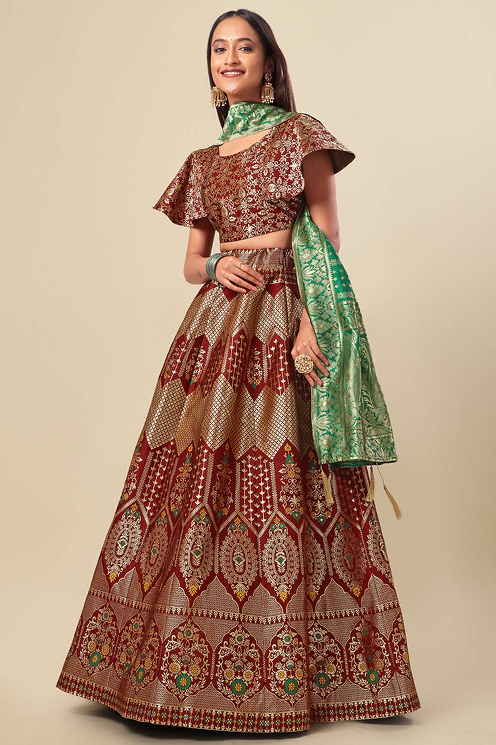 Maroon Jacquard Woven Lehenga Choli