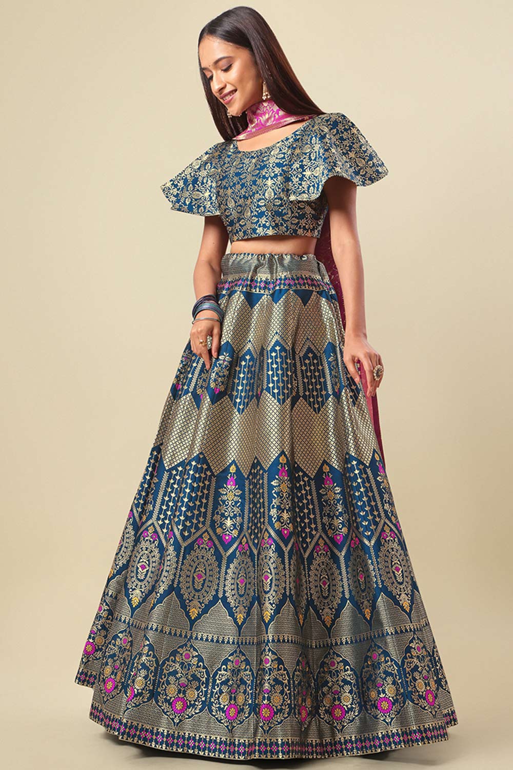 Turquoise Jacquard Woven Lehenga Choli