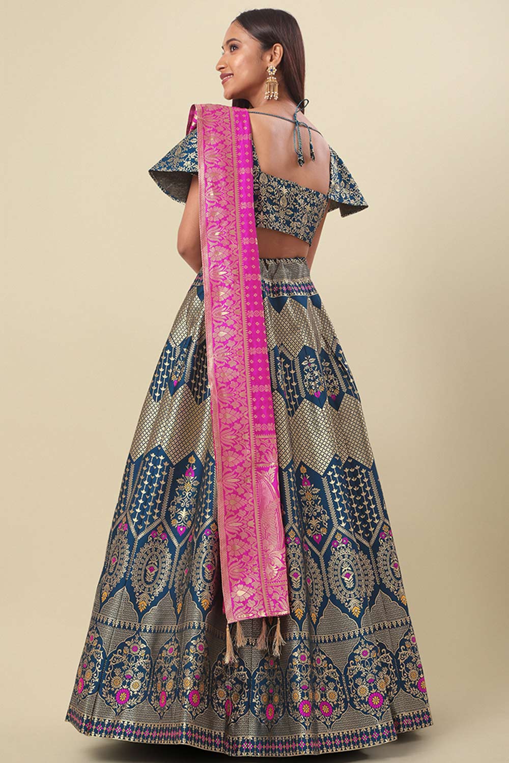 Turquoise Jacquard Woven Lehenga Choli