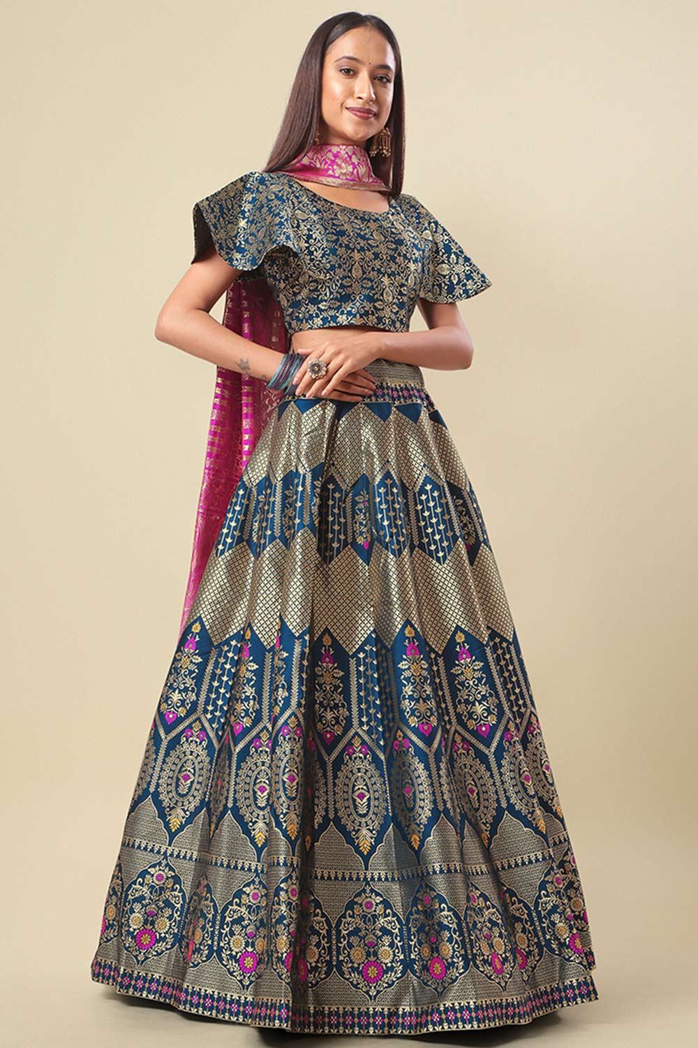 Turquoise Jacquard Woven Lehenga Choli