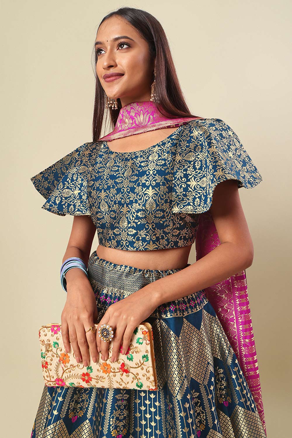 Turquoise Jacquard Woven Lehenga Choli