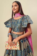 Turquoise Jacquard Woven Lehenga Choli