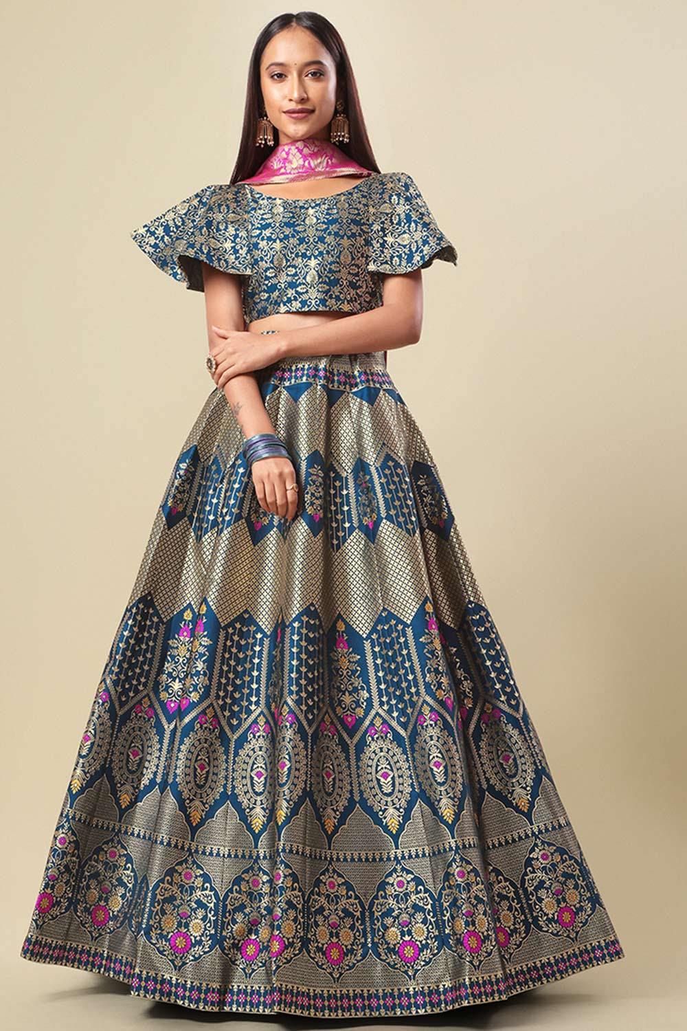 Turquoise Jacquard Woven Lehenga Choli