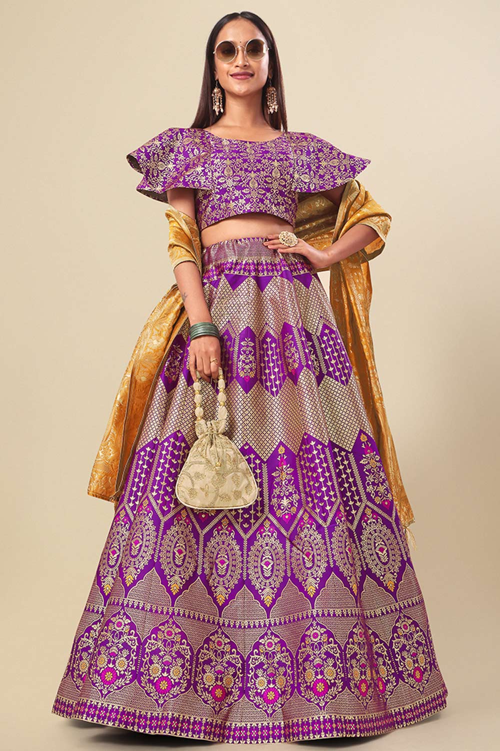 Purple Jacquard Woven Lehenga Choli