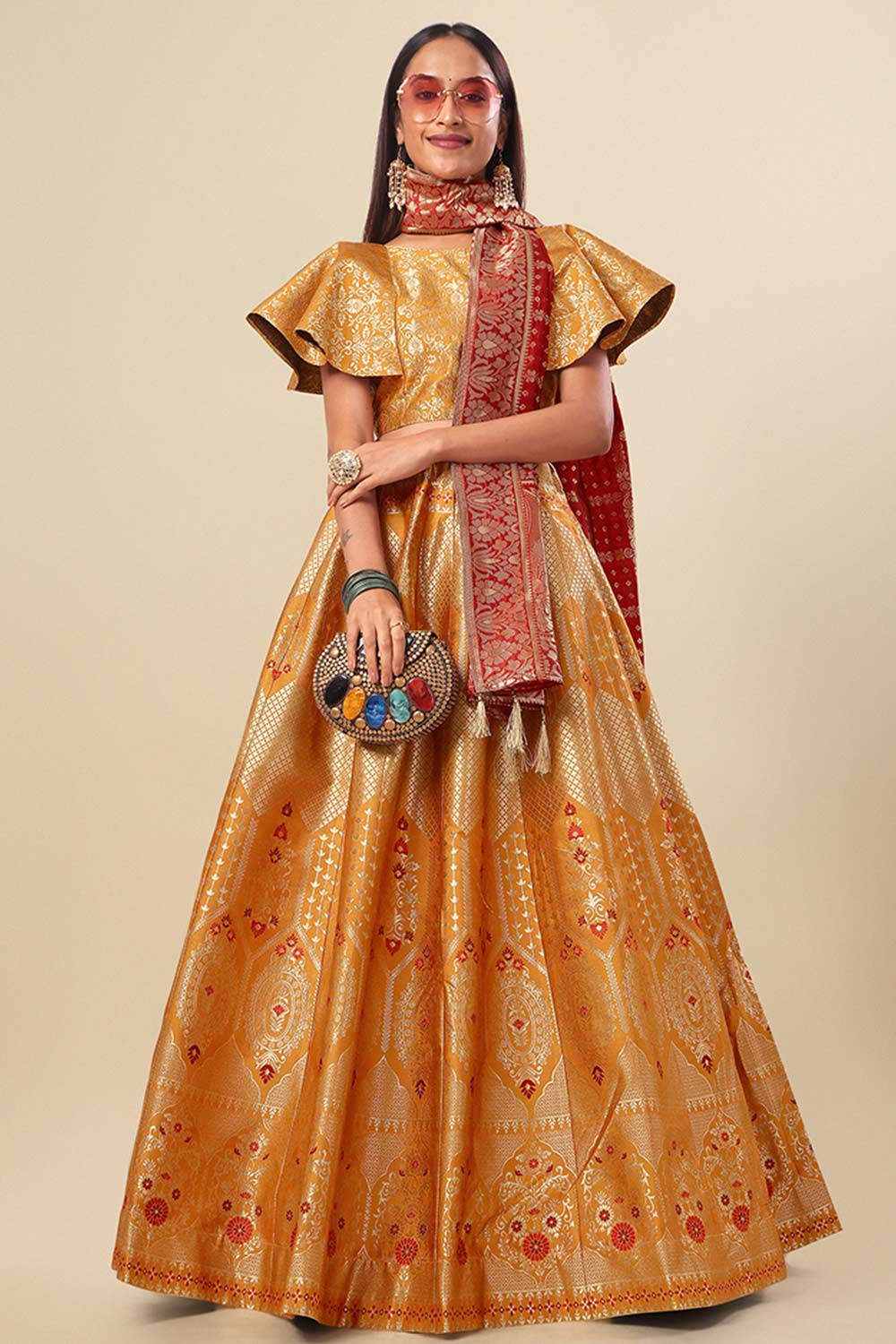 Orange Jacquard Woven Lehenga Choli