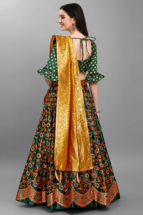 Dark Green Jacquard Woven Lehenga Choli