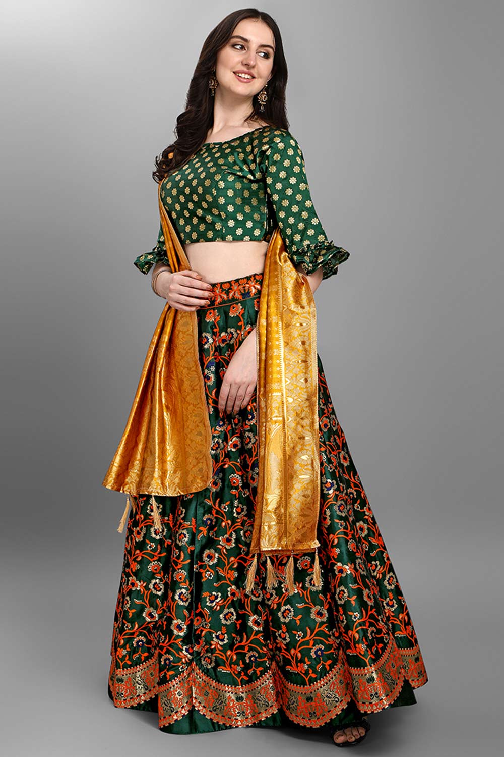 Dark Green Jacquard Woven Lehenga Choli