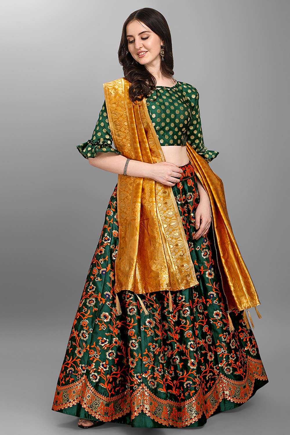 Dark Green Jacquard Woven Lehenga Choli