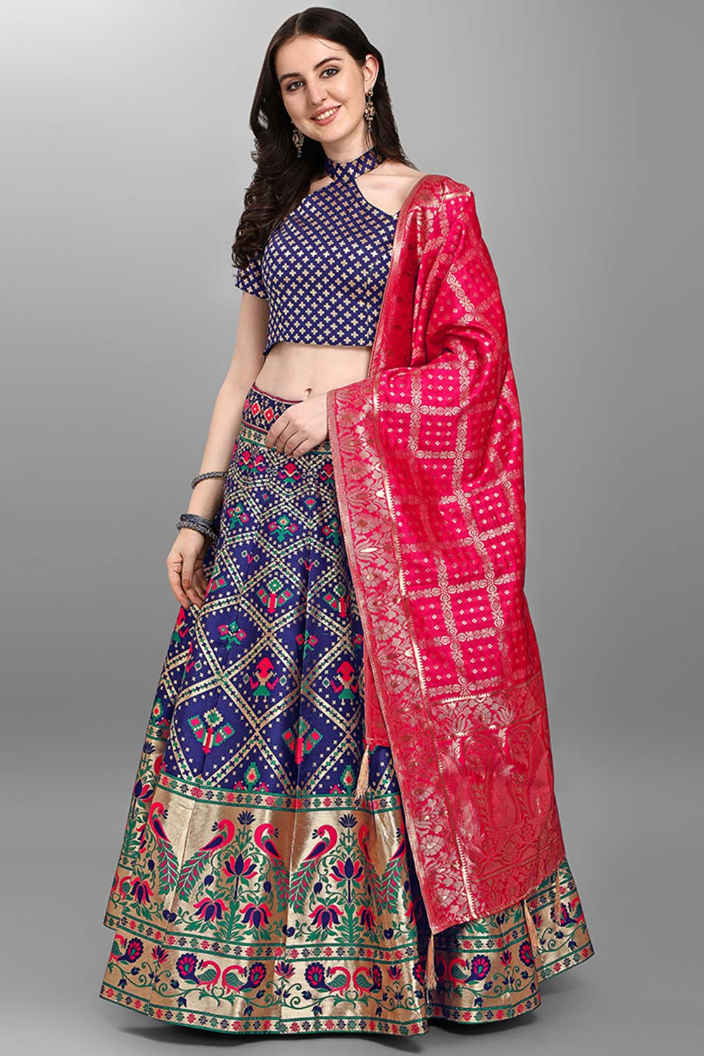 Navy Blue Jacquard Woven Lehenga Choli