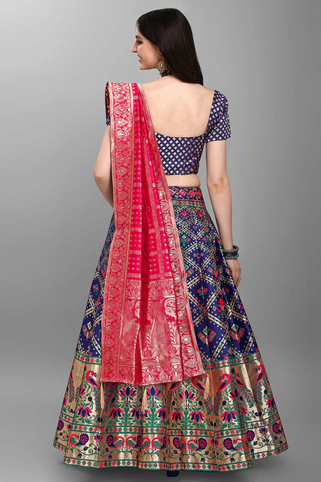 Navy Blue Jacquard Woven Lehenga Choli