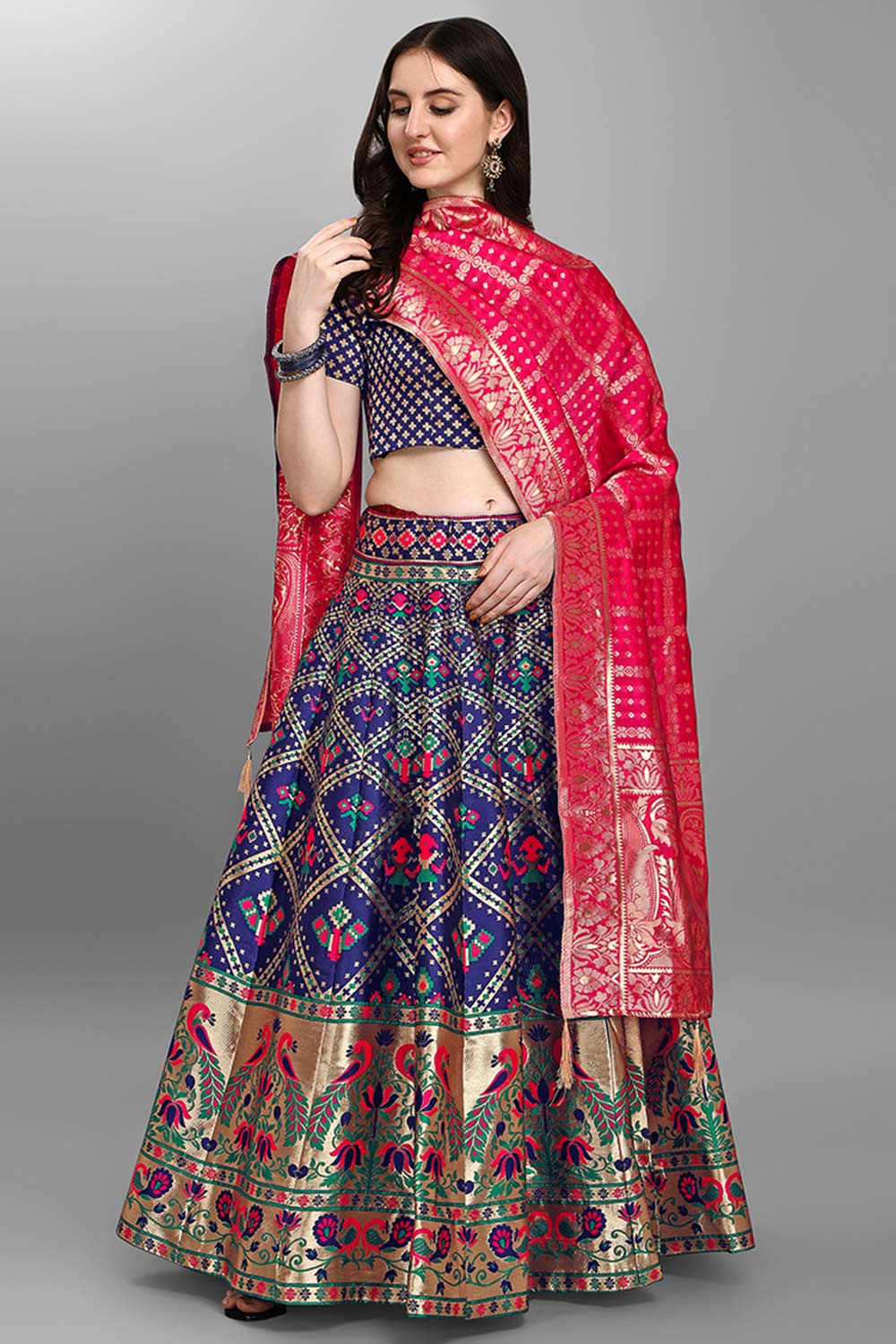 Navy Blue Jacquard Woven Lehenga Choli