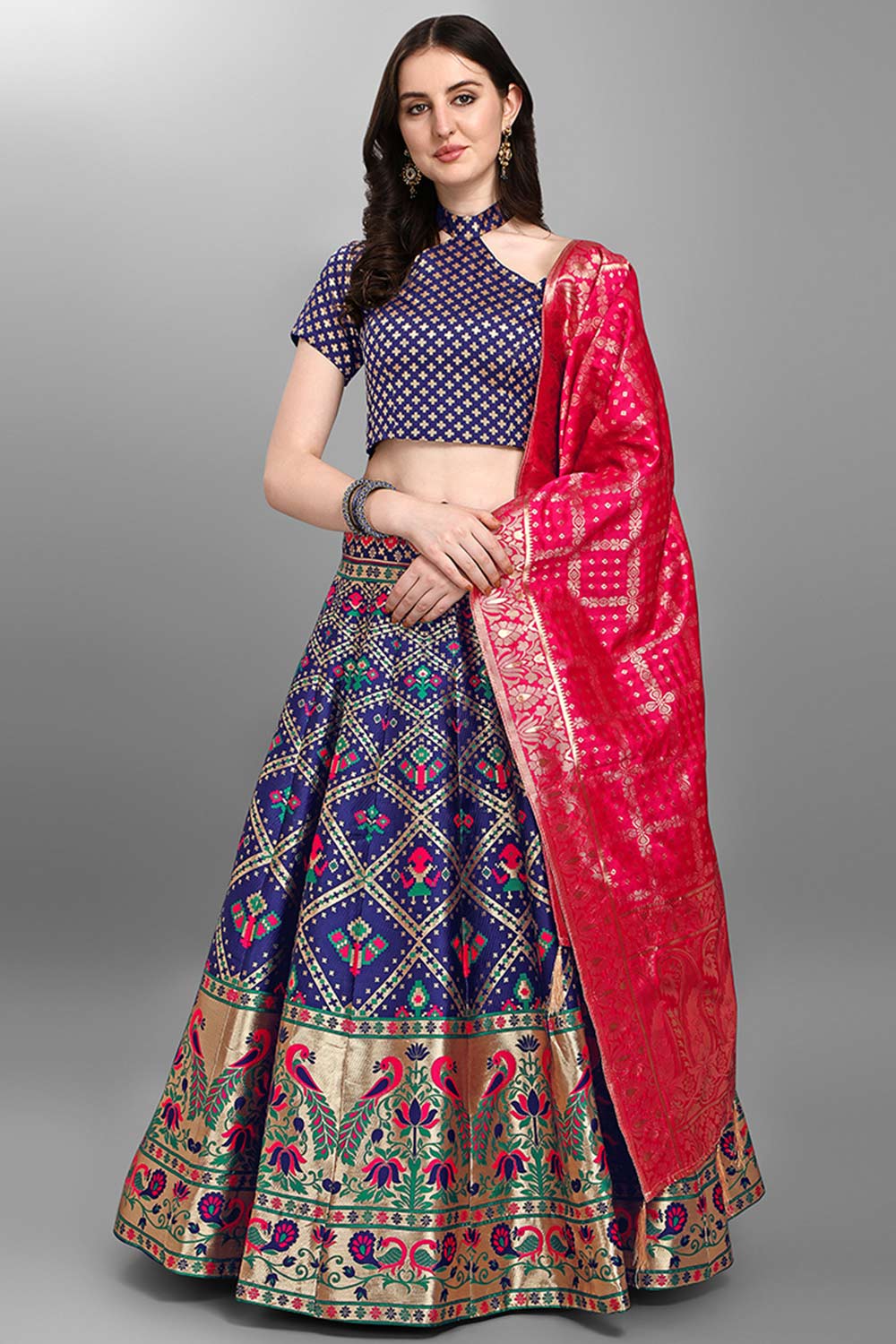 Navy Blue Jacquard Woven Lehenga Choli