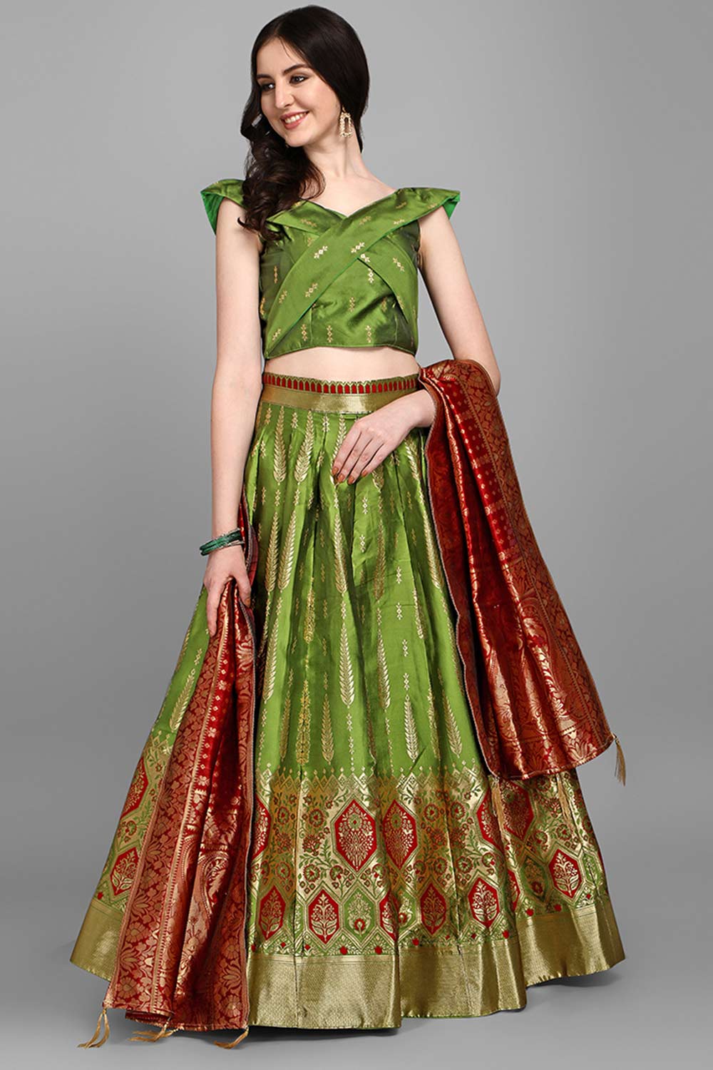 Olive Jacquard Woven Lehenga Choli