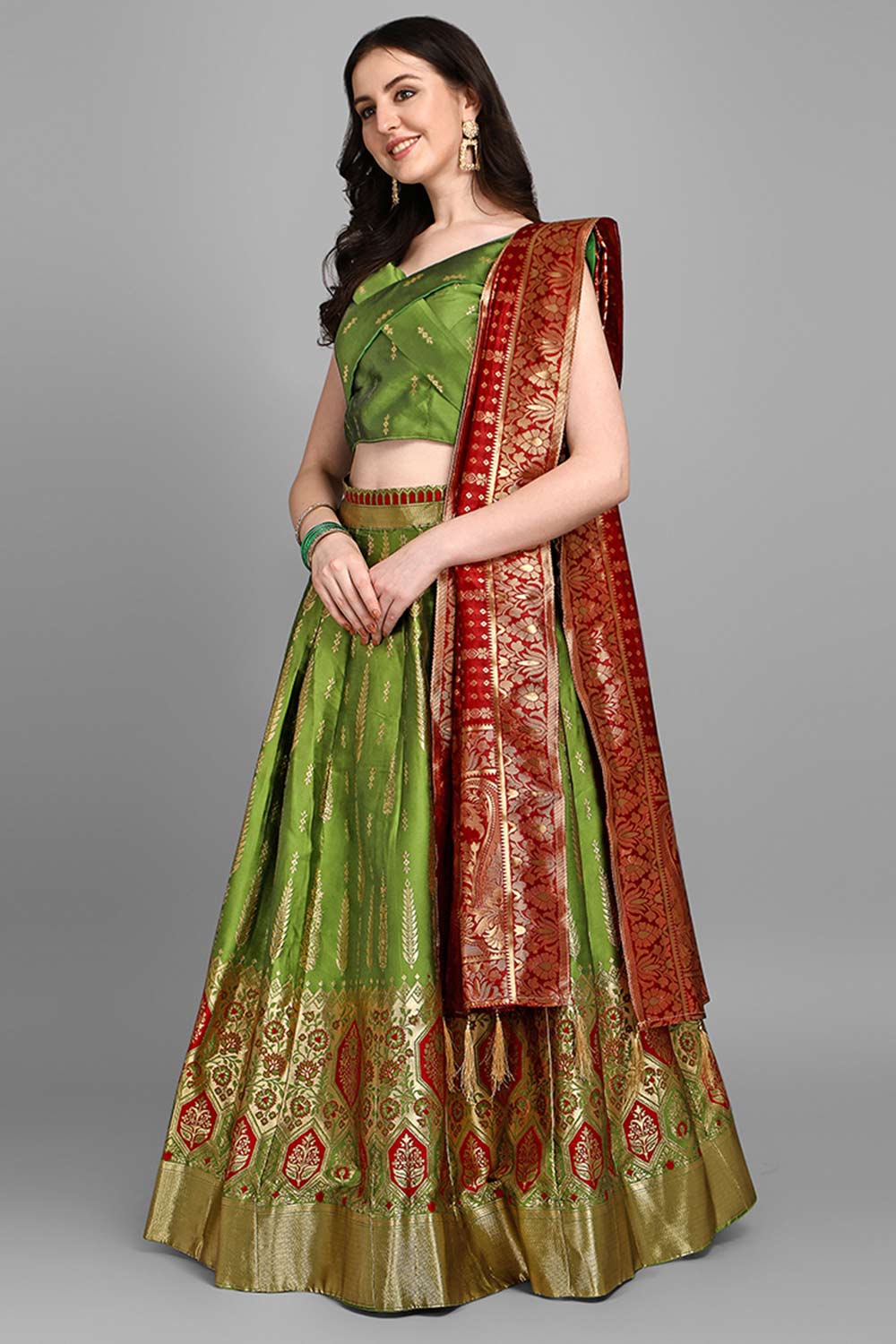 Olive Jacquard Woven Lehenga Choli