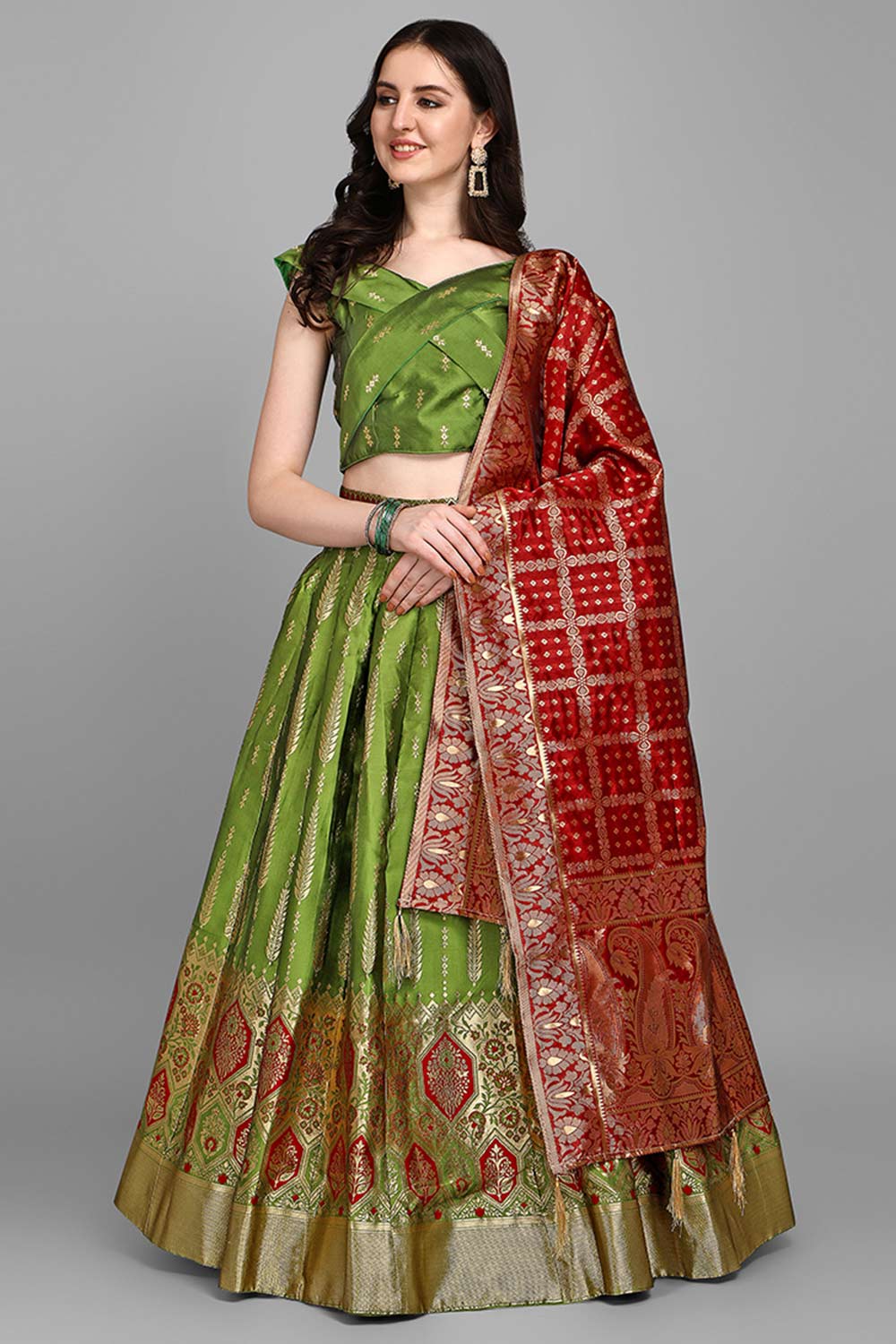 Olive Jacquard Woven Lehenga Choli