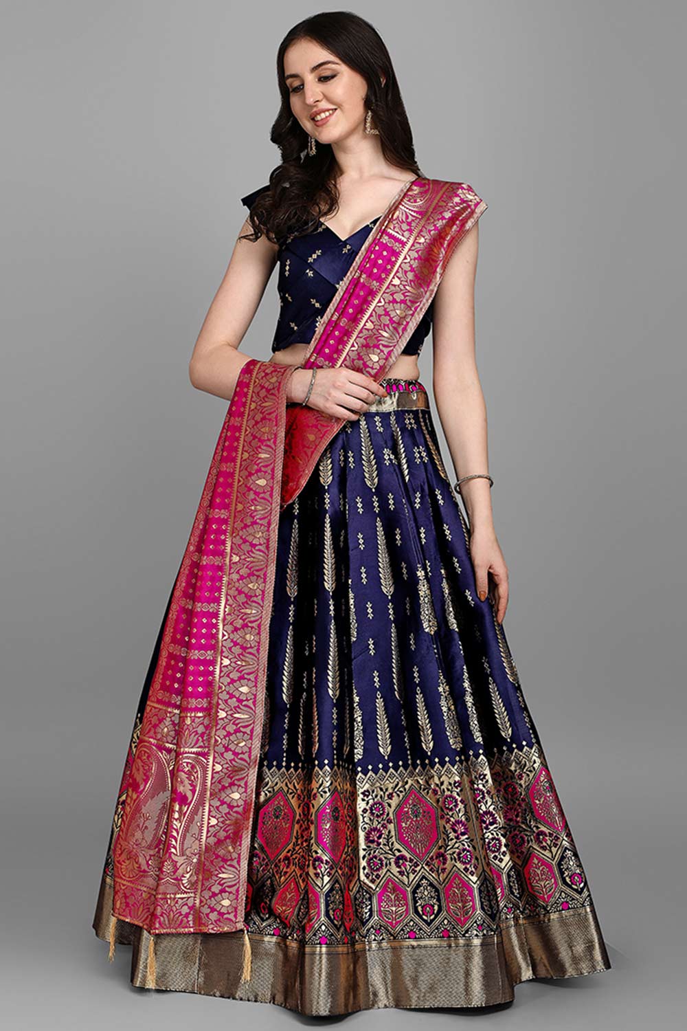 Navy Blue Jacquard Woven Lehenga Choli