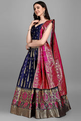 Navy Blue Jacquard Woven Lehenga Choli