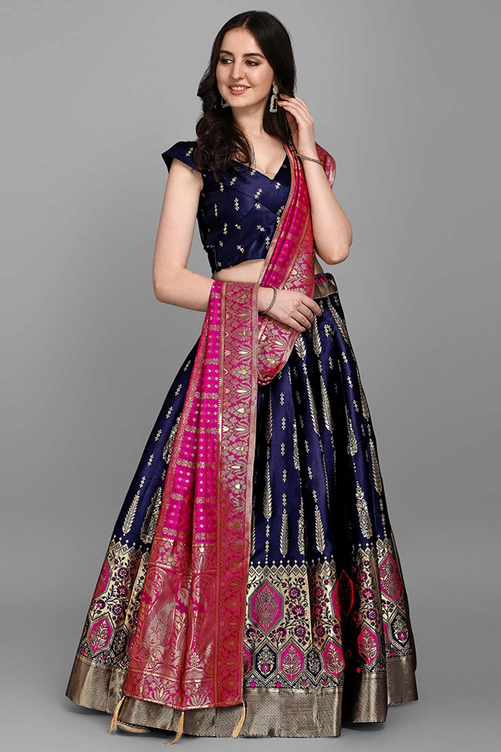 Navy Blue Jacquard Woven Lehenga Choli