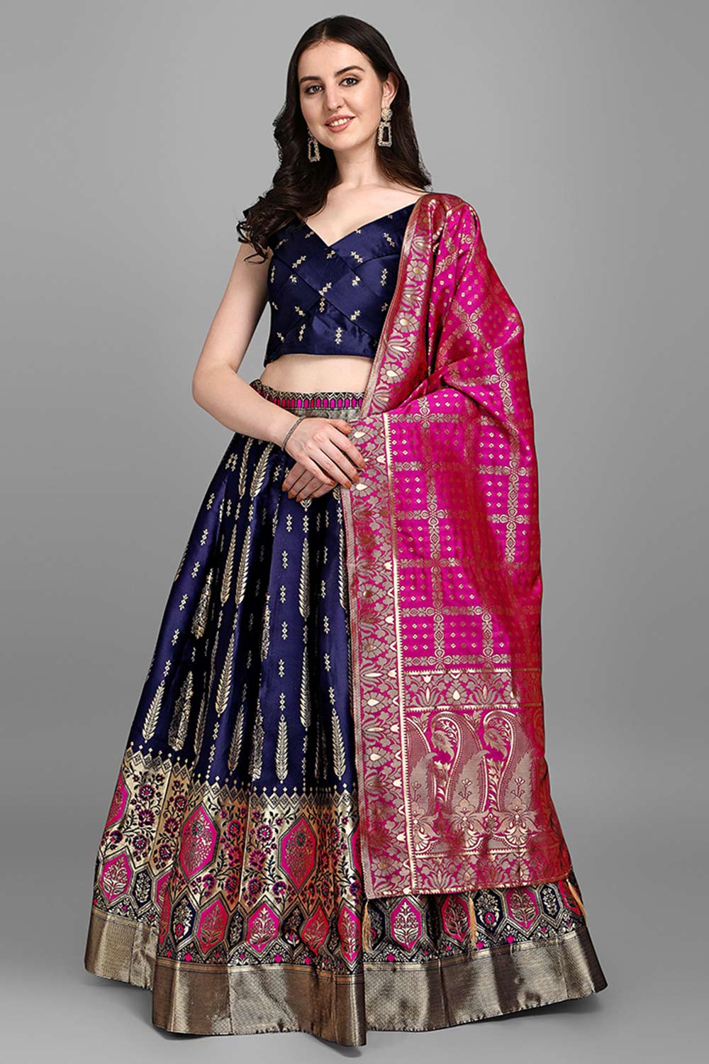 Navy Blue Jacquard Woven Lehenga Choli