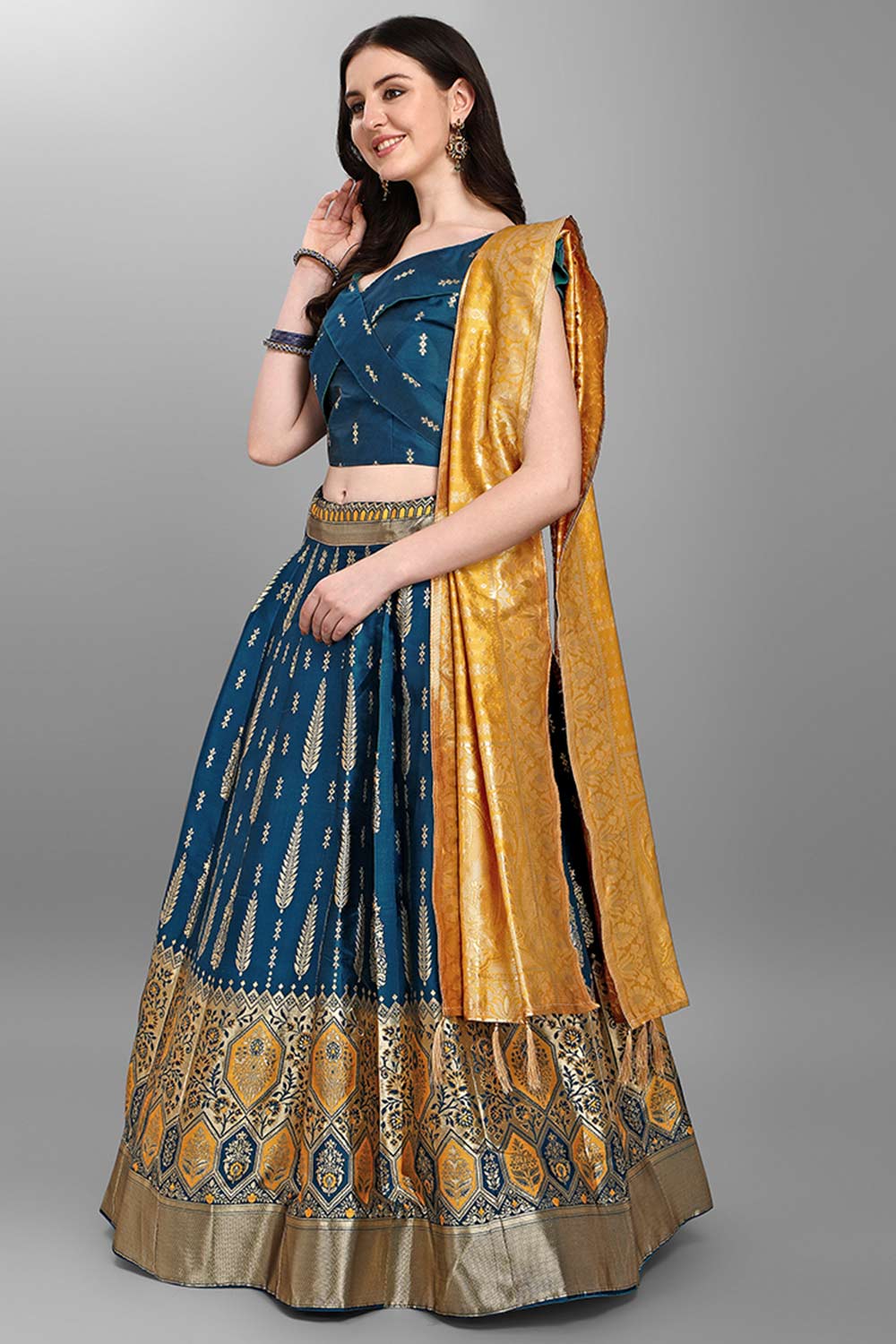 Teal Jacquard Woven Lehenga Choli