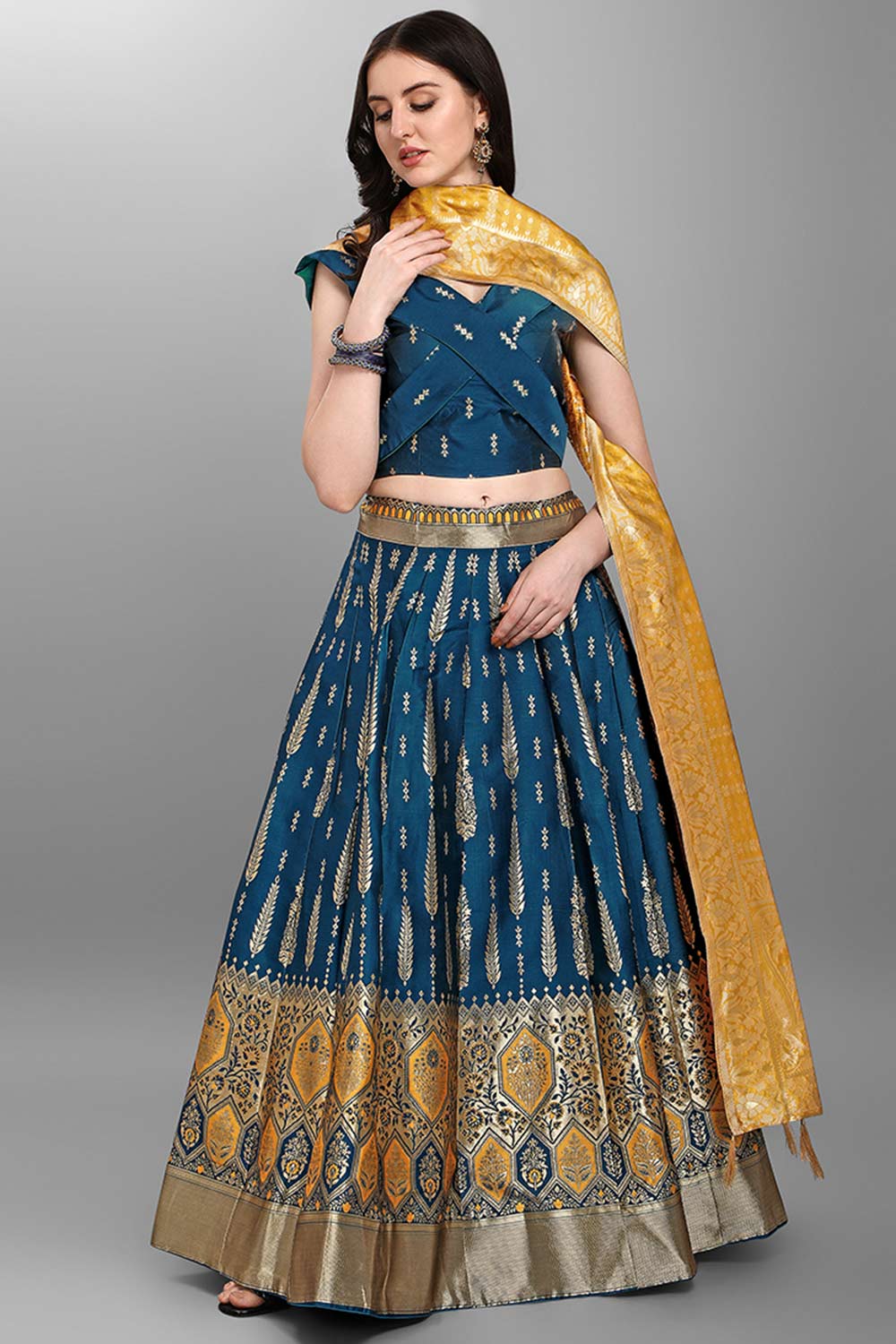 Teal Jacquard Woven Lehenga Choli