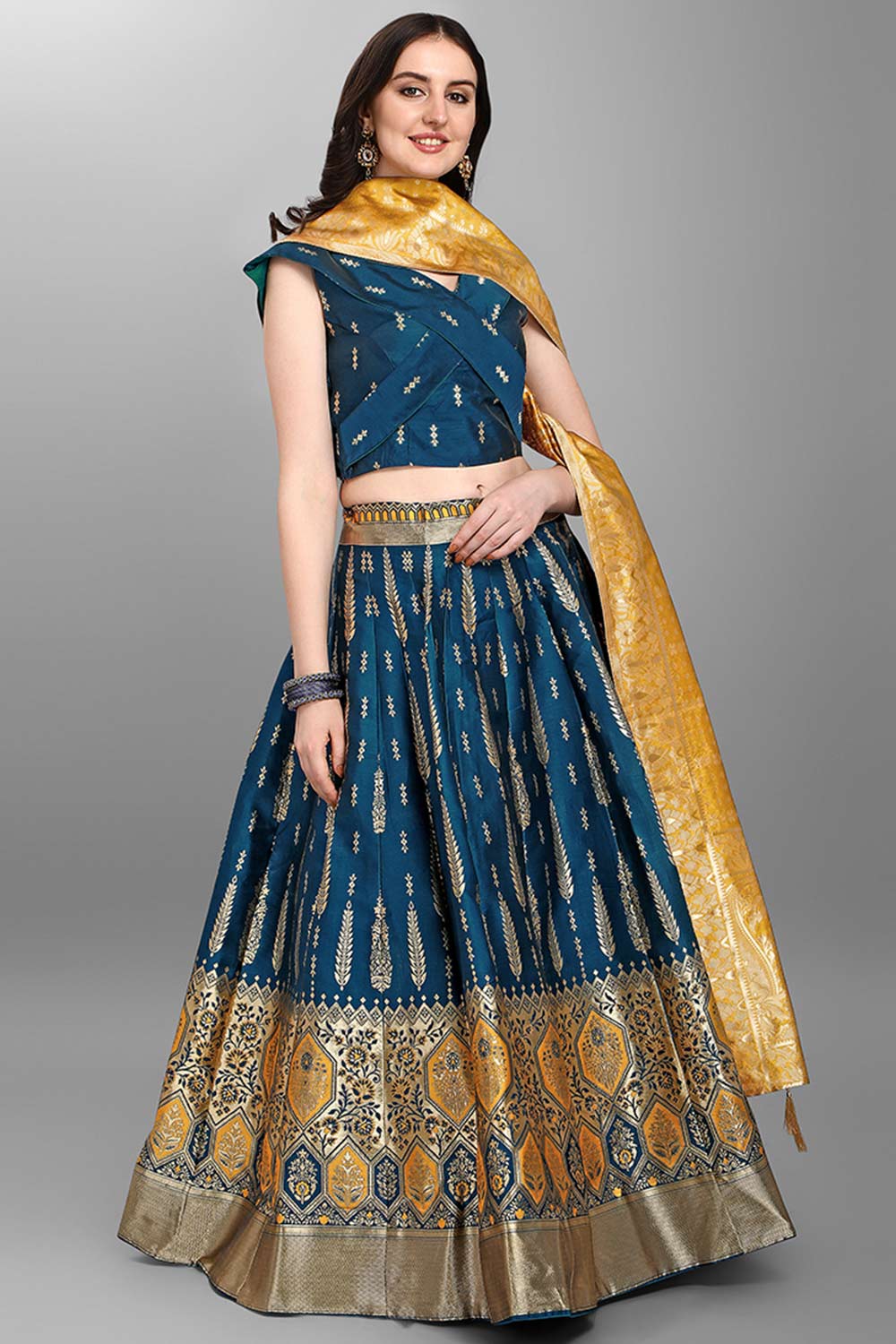 Teal Jacquard Woven Lehenga Choli